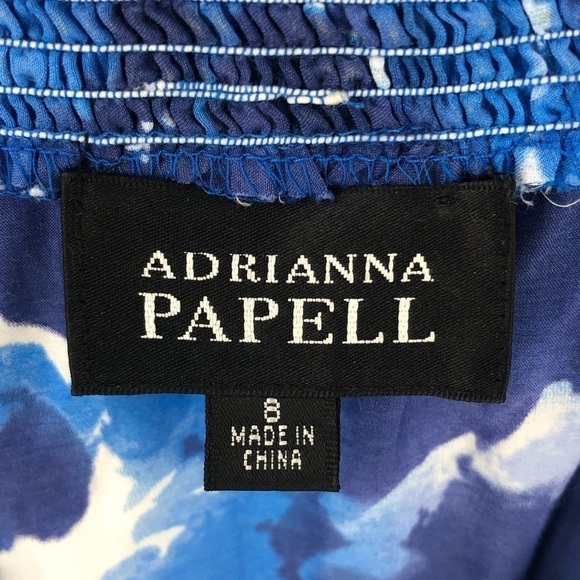 Adrianna Papell Silk Cotton Floral Dress Smocked Waist Fit Flare Blue Size 8 - Picture 5 of 9